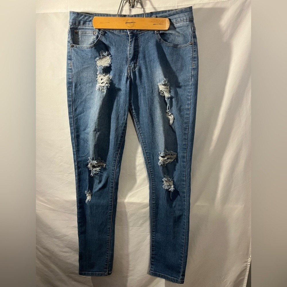 BOB JEANS Distressed Ripped Slim Denim Womens 15/16 Blue Streetwear Excellent - Picture 2 of 4